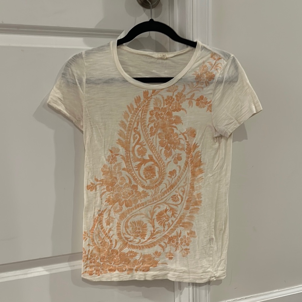 J. Crew Cream and Orange Paisley Short Sleeve Tee
